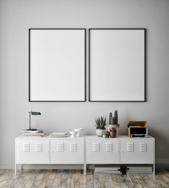 istock mock up poster frame in hipster interior background, scandinavian style, 3D render 909656038