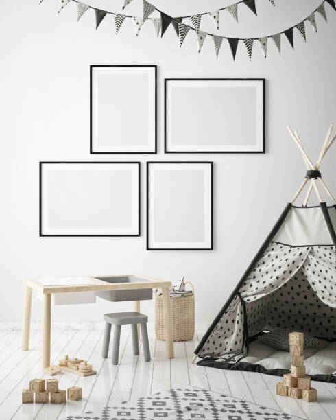 istock mock up poster frames in children bedroom, Scandinavian style interior background, 3D render 909656094