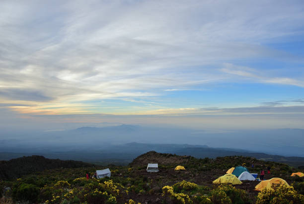Beautiful landscape of the mt Kilimanjaro from Horombo hut at dawn. Horombo camp perched on a small plateau alt 3705m a total capacity of 120 climbers