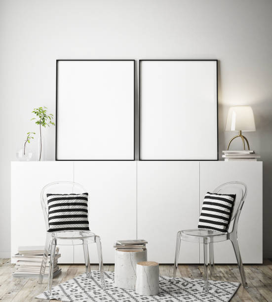 istock mock up poster frame in hipster interior background, scandinavian style, 3D render 909656198