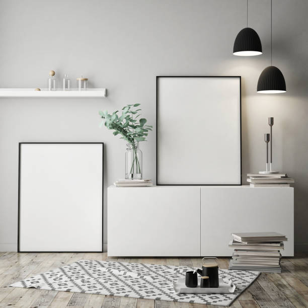 istock mock up poster frame in hipster interior background, scandinavian style, 3D render 909658328