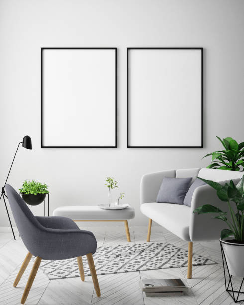 istock mock up poster frame in hipster interior background, scandinavian style, 3D render 909659228