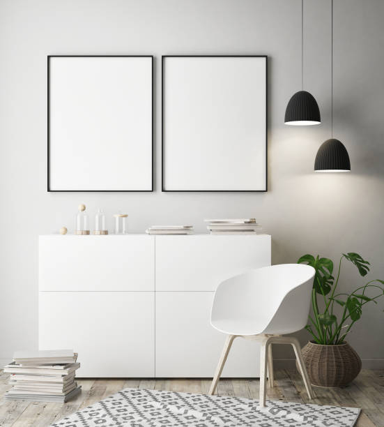 istock mock up poster frame in hipster interior background, scandinavian style, 3D render 909659584