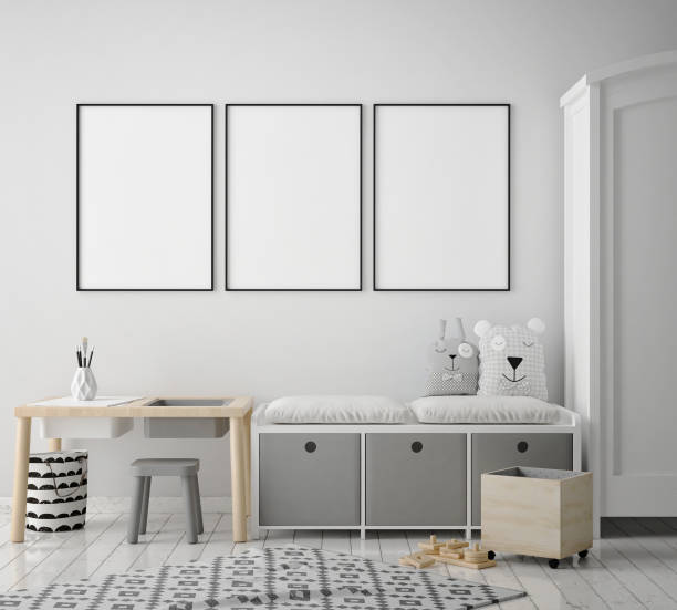 istock mock up poster frames in children bedroom, Scandinavian style interior background, 3D render 909660418