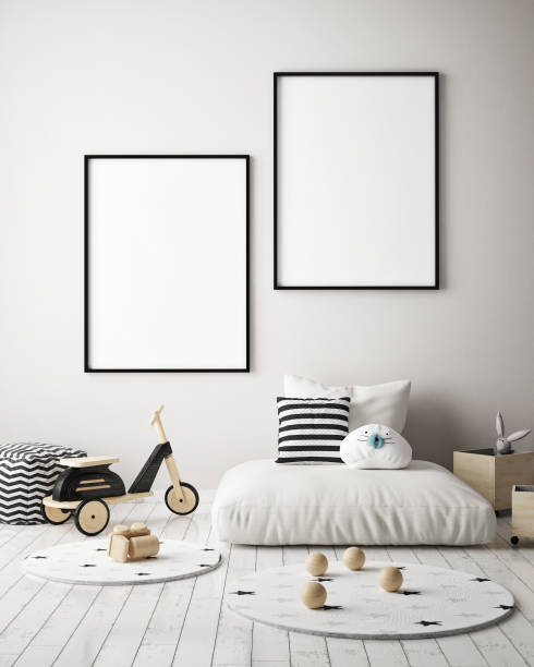 istock mock up poster frames in children bedroom, Scandinavian style interior background, 3D render 909660462
