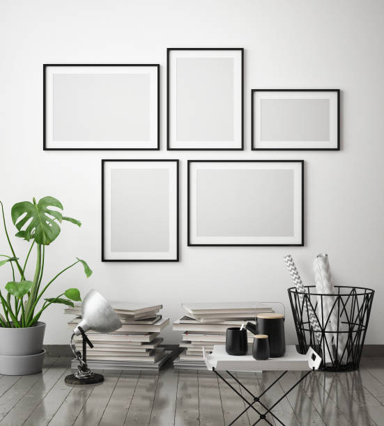 istock mock up poster frame in hipster interior background, scandinavian style, 3D render 909660506