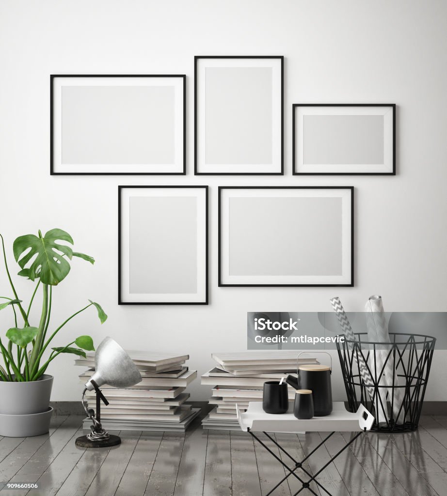 mock up poster frame in hipster interior background, scandinavian style, 3D render mock up poster frame in hipster interior background, scandinavian style, 3D render, 3D illustration Painting - Art Product Stock Photo