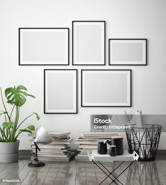 Mock Up Poster Frame In Hipster Interior Background Scandinavian Style 3d Render Stock Photo - Download Image Now