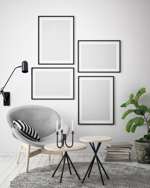 istock mock up poster frame in hipster interior background, scandinavian style, 3D render 909660518