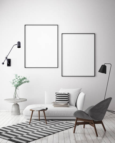 istock mock up poster frame in hipster interior background, scandinavian style, 3D render 909660556