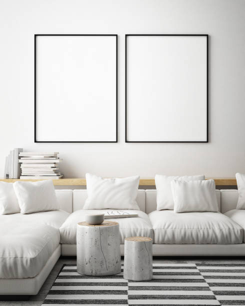 istock mock up poster frame in hipster interior background, scandinavian style, 3D render 909660634