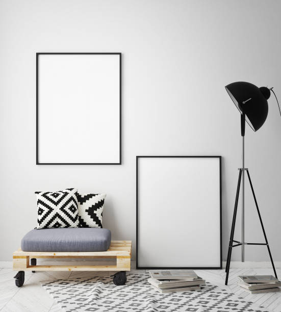 istock mock up poster frame in hipster interior background, scandinavian style, 3D render 909660670