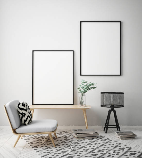 istock mock up poster frame in hipster interior background, scandinavian style, 3D render 909660774