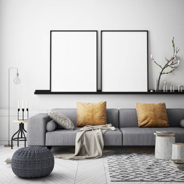 istock mock up poster frame in hipster interior background, scandinavian style, 3D render 909660864