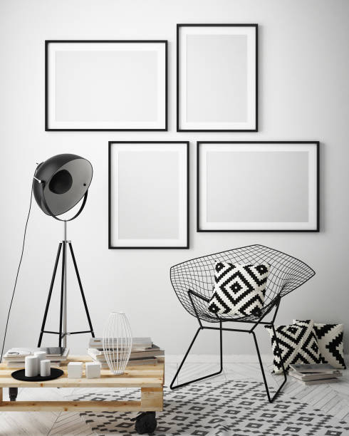 istock mock up poster frame in hipster interior background, scandinavian style, 3D render 909660938