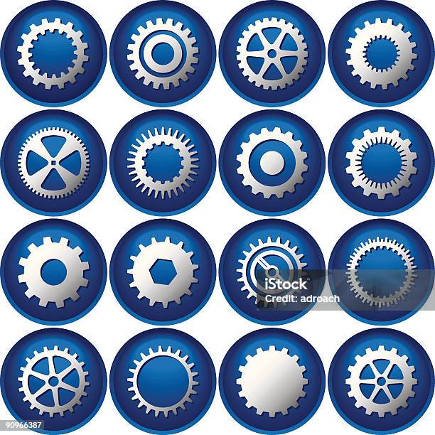 Vetores de Dezesseis Cog Botões Ícones e mais imagens de Abstrato - Abstrato, Azul, Computação Gráfica