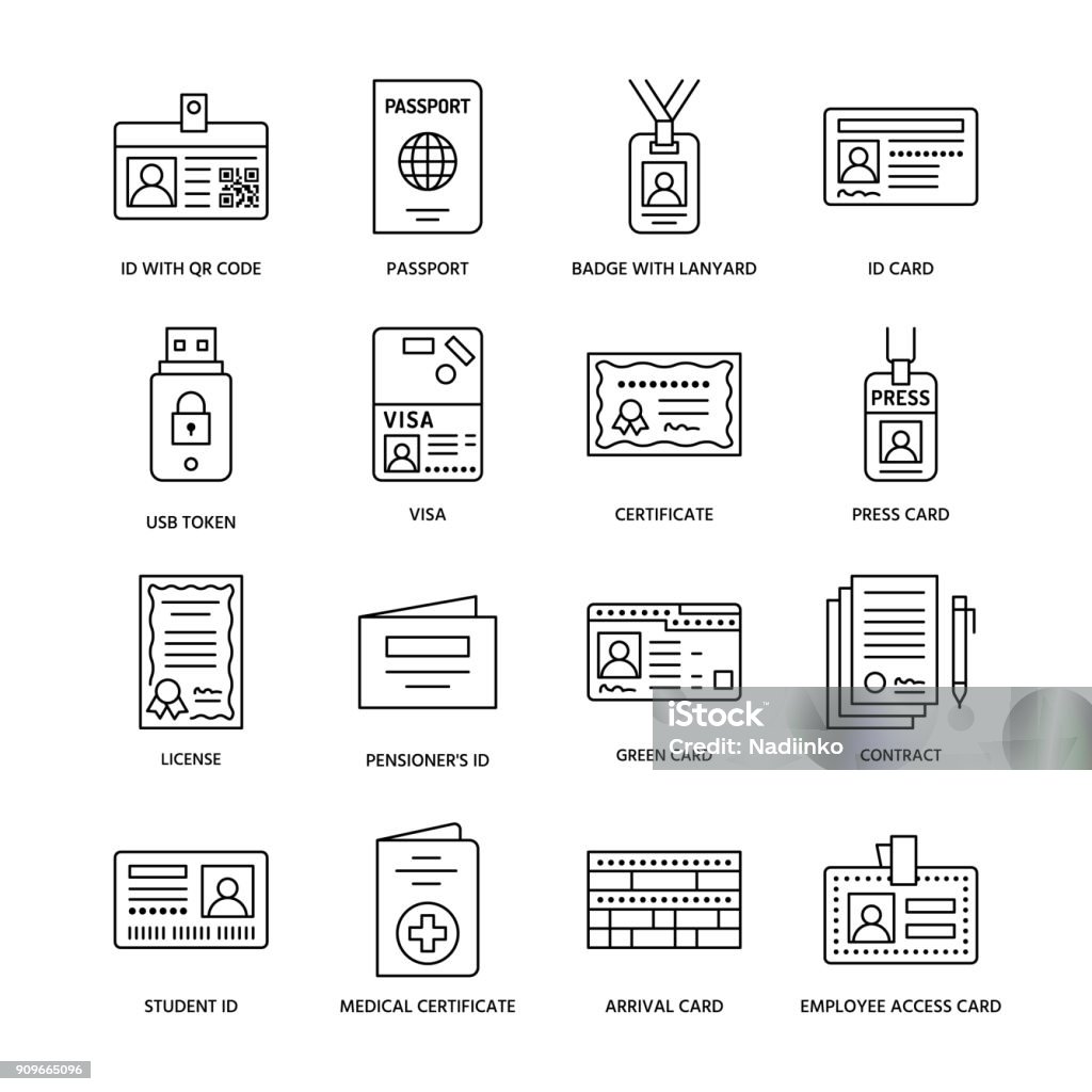 Documentos identidade vetor linha plana ícones. Cartões de identificação, passaporte, imprensa acesso, passe de estudante, visto, certificado de migração, ilustração de contrato legal, token. Sinais de escritório notarial - Vetor de Ícone de Computador royalty-free