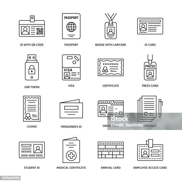 Vetores de Documentos Identidade Vetor Linha Plana Ícones Cartões De Identificação Passaporte Imprensa Acesso Passe De Estudante Visto Certificado De Migração Ilustração De Contrato Legal Token Sinais De Escritório Notarial e mais imagens de Ícone de Computador