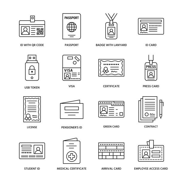 документы, удостоверяющие вектор плоских иконок линии. id-карты, паспорт, доступ в прессу, студенческий пропуск, виза, миграционное свидетел� - паспорт и виза stock illustrations