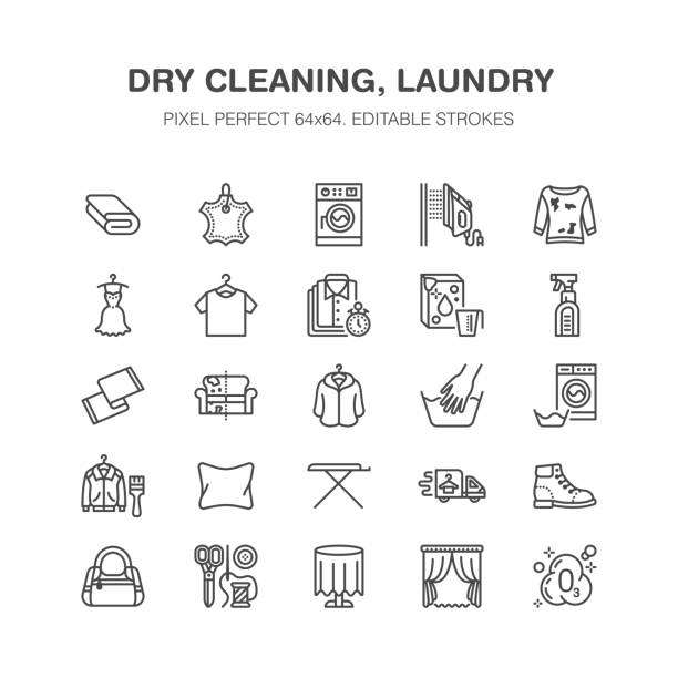 Dry cleaning, laundry flat line icons. Launderette service equipment, washer machine, shoe shine, clothes repair, garment ironing and steaming. Washing thin linear signs. Pixel perfect 64x64 Dry cleaning, laundry flat line icons. Launderette service equipment, washer machine, shoe shine, clothes repair, garment ironing and steaming. Washing thin linear signs. Pixel perfect 64x64. iron laundry cleaning ironing board stock illustrations