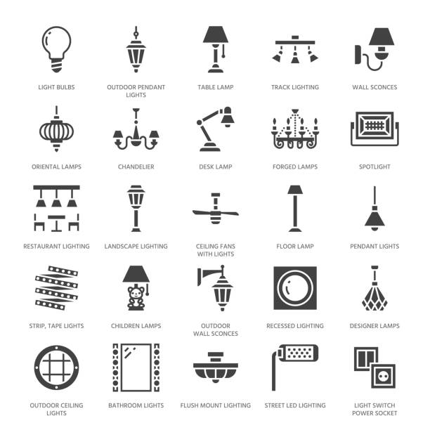 Light fixture, lamps flat glyph icons. Home and outdoor lighting equipment - chandelier, wall sconce, bulb, power socket. Vector illustration, signs for electric, interior store. Pixel perfect 64x64 Light fixture, lamps flat glyph icons. Home and outdoor lighting equipment - chandelier, wall sconce, bulb, power socket. Vector illustration, signs for electric, interior store. Pixel perfect 64x64. recessed light stock illustrations