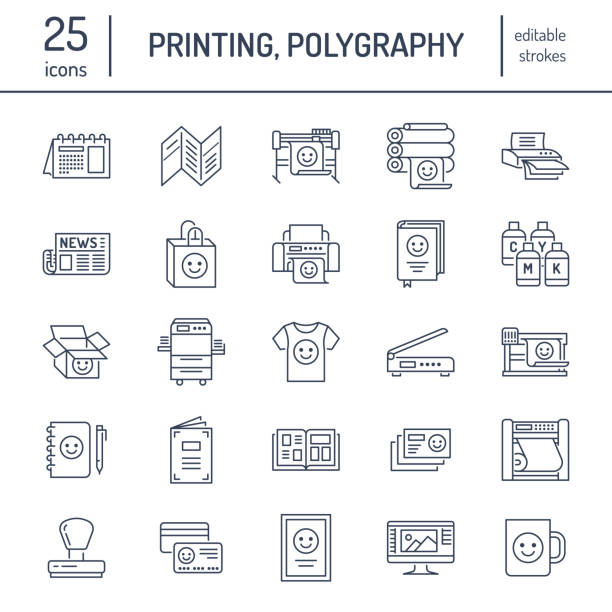 haus flache linie symbole drucken. drucken sie ladenausstattung -, drucker, scanner, offset-maschine, plotter, broschüre, stempel. dünne lineare zeichen für polygrafie büro, typografie - printout stock-grafiken, -clipart, -cartoons und -symbole