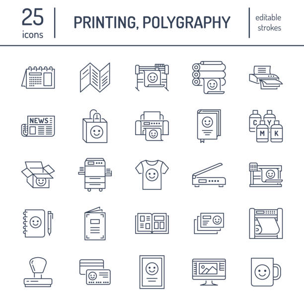 Printing house flat line icons. Print shop equipment - printer, scanner, offset machine, plotter, brochure, rubber stamp. Thin linear signs for polygraphy office, typography Printing house flat line icons. Print shop equipment - printer, scanner, offset machine, plotter, brochure, rubber stamp. Thin linear signs for polygraphy office, typography. printout stock illustrations