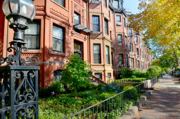 brownstone, back bay, boston. - boston back bay residential district brownstone foto e immagini stock