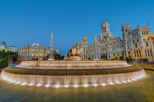 The Plaza de Cibeles with the Palace of Communication and the Cibeles Fountain in Madrid at night