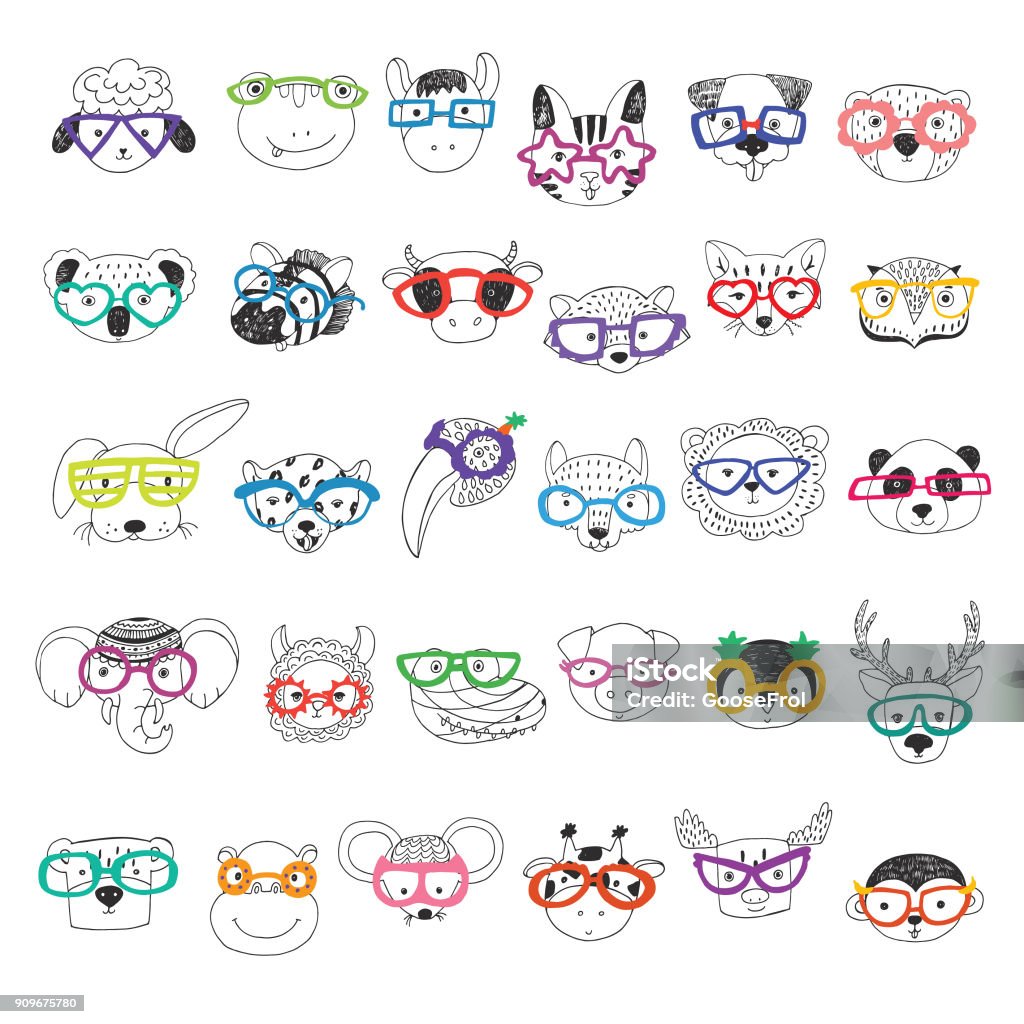 Cute animal faces illustrations set Cute animal faces with funny glasses doodle illustrations set Eyeglasses stock vector