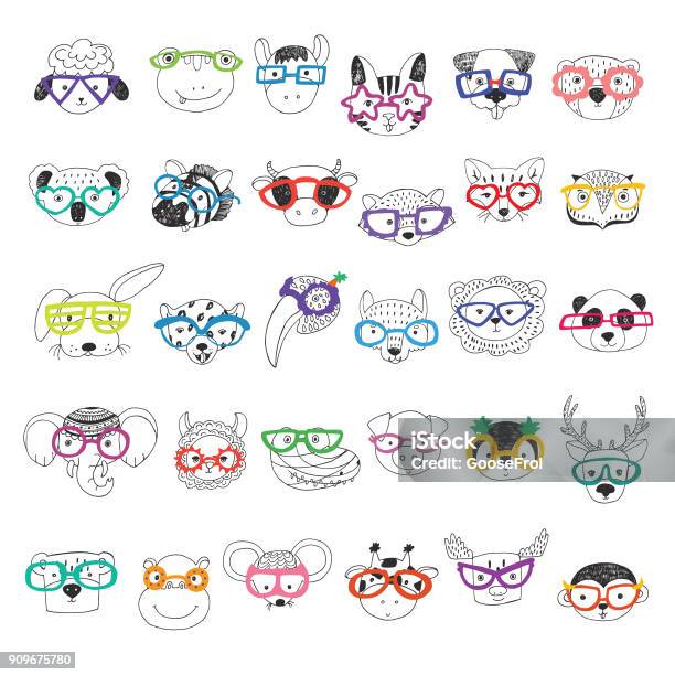 Cute Animal Faces Illustrations Set Stock Illustration - Download Image Now - Eyeglasses, Animal, Animal Head