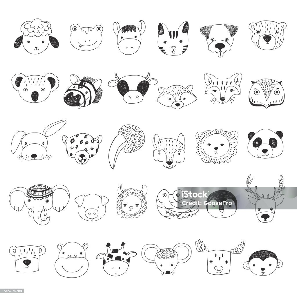 Cute animal faces illustrations set Cute animal faces with funny glasses doodle illustrations set Dog stock vector