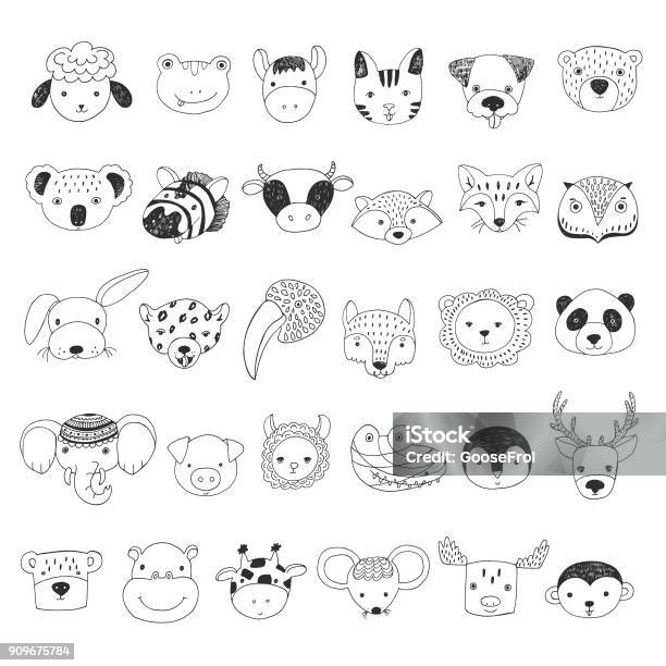 Cute Animal Faces Illustrations Set Stock Illustration - Download Image Now - Dog, Monkey, Animal