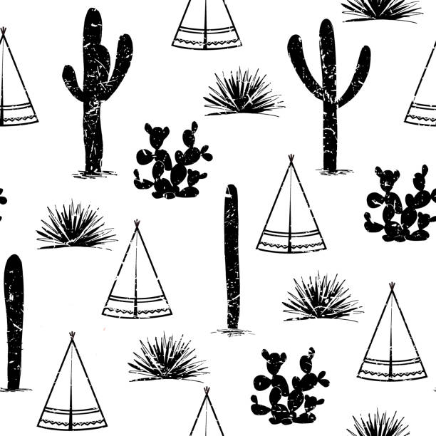 indyjskie plemienne tło. prosty płaski wigwam, kaktus i trawa. bezszwowy krajobraz wzoru. minimalistyczny design. ilustracja z kreskówek - north american tribal culture environment child plant stock illustrations