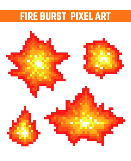 Fire flames pixel icons set. Fire burst pixel icons set. Old school computer graphic style. number 16 stock illustrations