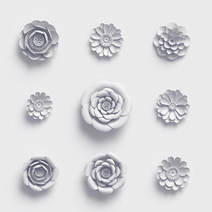 3d rendering, white paper flowers, isolated design elements, botanical clip art set, bridal bouquet, papercraft wedding wall decoration, floral arrangement