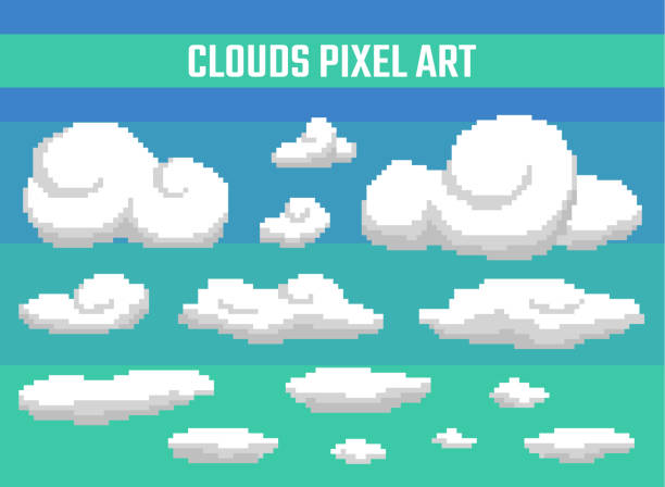 ilustrações de stock, clip art, desenhos animados e ícones de set of pixel clouds on blue background - cloud computer equipment technology pixelated