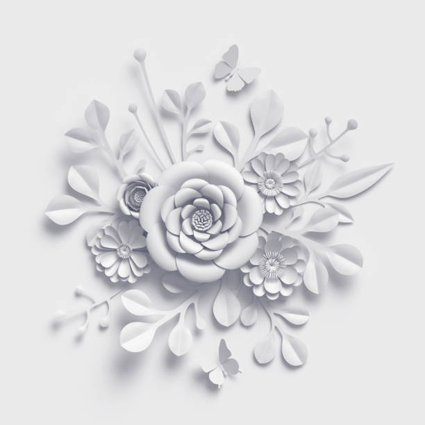 istock 3d rendering, white paper flowers background, isolated botanical clip art, round bridal bouquet, wedding wall decoration, round floral arrangement 909688308