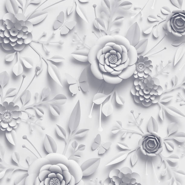 istock 3d rendering, white paper flowers, botanical background, bridal bouquet, lace wedding wall decoration, floral pattern 909688456