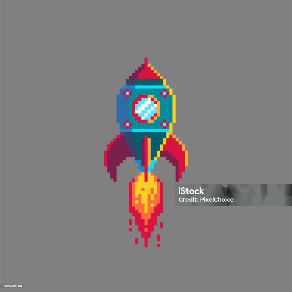 Pixel art spaceship rocket launch. Pixel art rocket launch. Spaceship icon in retro style. Isolated vector illustration. Video Game stock vector