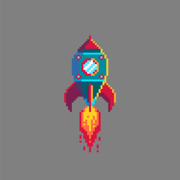 Pixel art spaceship rocket launch. Pixel art rocket launch. Spaceship icon in retro style. Isolated vector illustration. number 16 stock illustrations