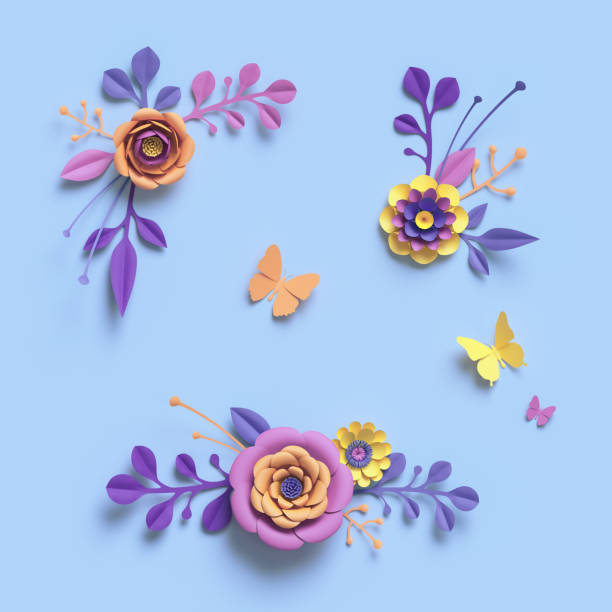 istock 3d rendering, paper art, decorative flowers, floral backround, botanical pattern, pastel candy colors, vibrant palette, isolated design elements 909688786