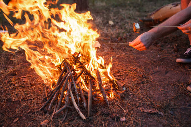 istock Picnic couple tourism bonfire concept. 909688944