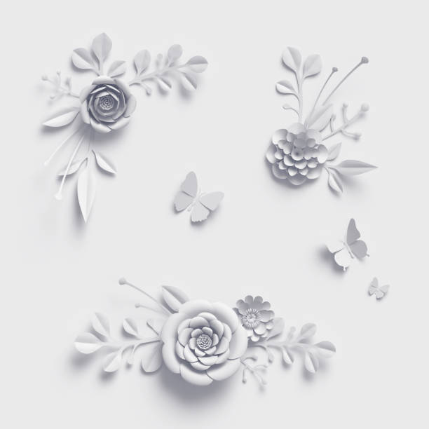 istock 3d rendering, white paper flowers, isolated design elements, botanical clip art, bridal bouquet set, lace wedding wall decoration, floral arrangement 909689032