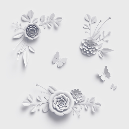 3d rendering, white paper flowers, isolated design elements, botanical clip art set, bridal bouquet, lace wedding wall decoration, floral arrangement