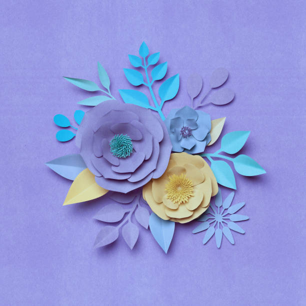 istock 3d rendering, digital illustration, paper texture rose flowers, floral wall decor, botanical background, pastel violet and yellow colors, bouquet 909689152