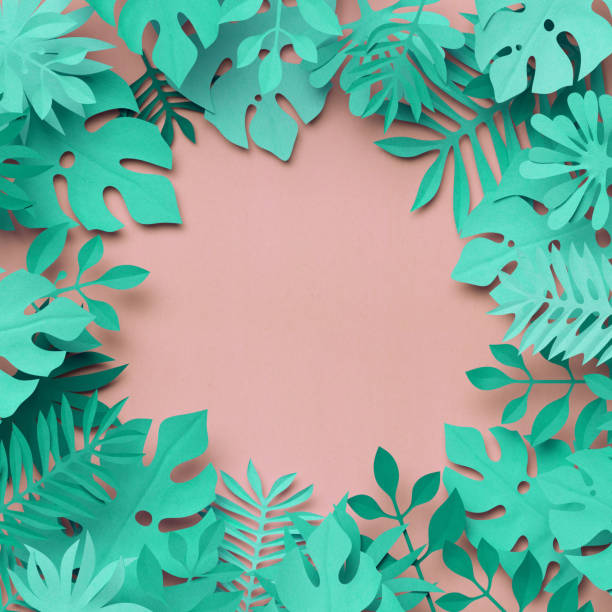 istock 3d rendering, paper art, tropical palm leaves, botanical background, coral mint pastel candy colors, tropical nature, foliage square frame, blank card template 909689420
