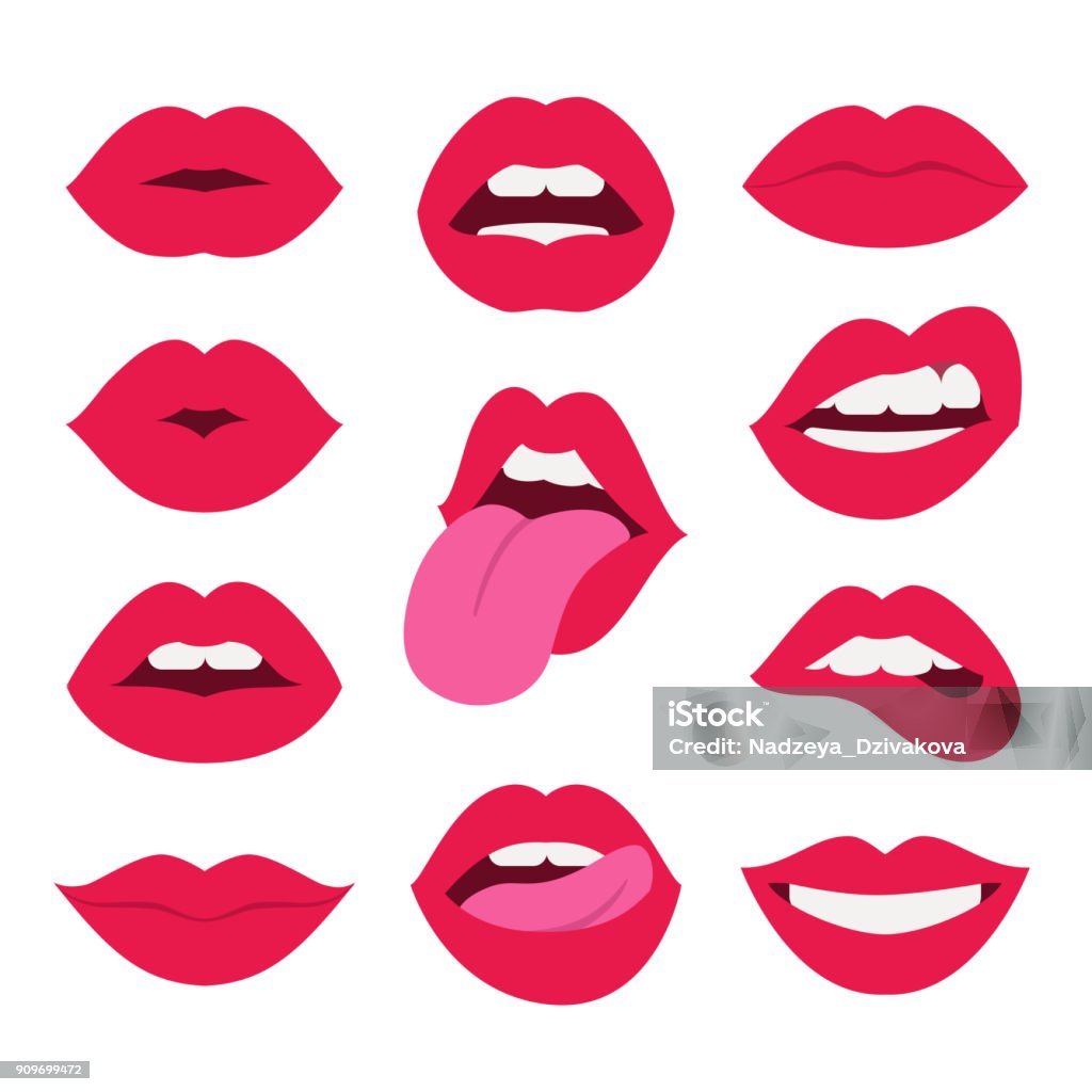 Red lips collection. Vector illustration of sexy woman's flat lips expressing different emotions, such as smile, kiss, half-open mouth, biting lip, lip licking, tongue out. Isolated on white. Human Lips stock vector