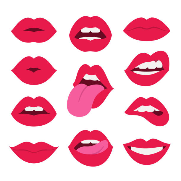Red lips collection. Vector illustration of sexy woman's flat lips expressing different emotions, such as smile, kiss, half-open mouth, biting lip, lip licking, tongue out. Isolated on white. mouths kissing stock illustrations