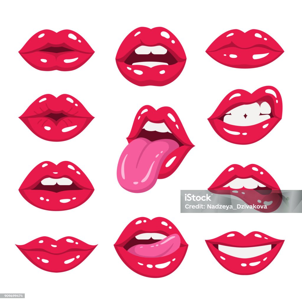 Red lips collection. Vector illustration of sexy woman's lips expressing different emotions, such as smile, kiss, half-open mouth, biting lip, lip licking, tongue out. Isolated on white. Tongue stock vector